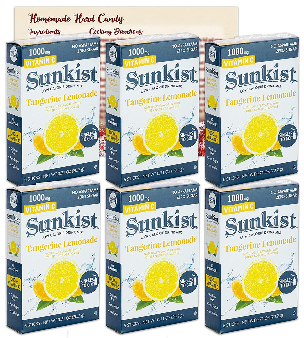Sunkist Tangerine Lemonade Singles to Go Drink Mix | 6 Boxes - 36 Flavor Packets of Sugar Free Vitamin C Drink Mix Powder | Bundle with Ballard Products Hard Candy Recipe Card