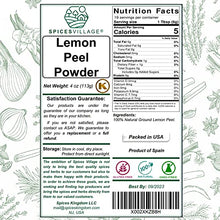 Load image into Gallery viewer, SPICES VILLAGE Lemon Peel Powder (4 Oz) - Natural Dried Purely Ground Citrus Fruit Zest, Dry Lime Powder for Baking Cooking and Herb Tea - Certified Kosher, Gluten Free, Non GMO, Vegan, Resealable Bag