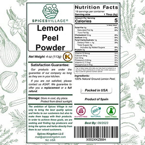 SPICES VILLAGE Lemon Peel Powder (4 Oz) - Natural Dried Purely Ground Citrus Fruit Zest, Dry Lime Powder for Baking Cooking and Herb Tea - Certified Kosher, Gluten Free, Non GMO, Vegan, Resealable Bag